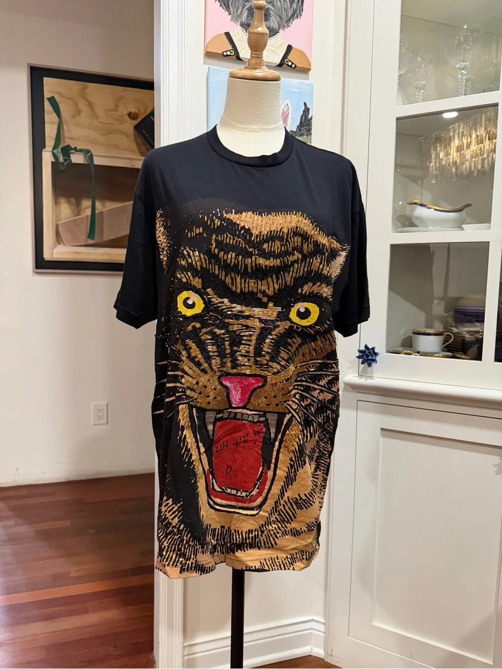 Gucci Black Tee with Large Beaded Tiger Face Graphic